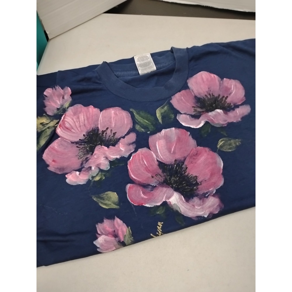 Vintage Hand Painted XL T-shirt Women Navy Single Stitch Festival Signed Poppy